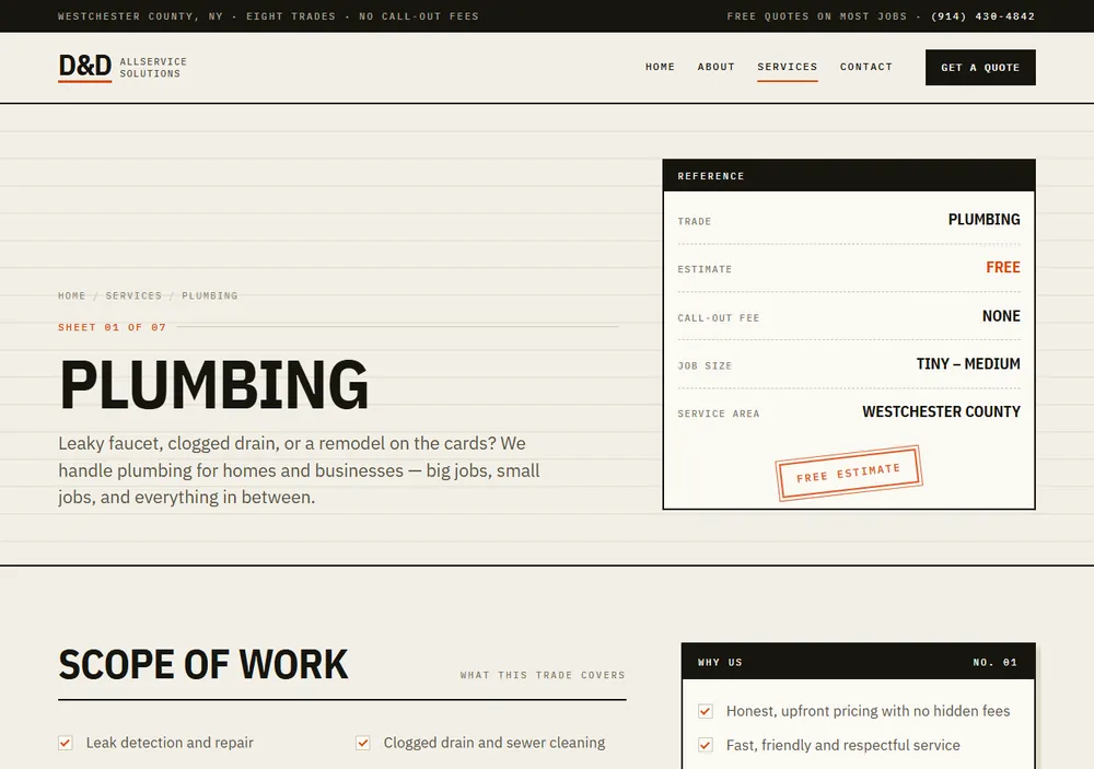 The rebuilt plumbing page, with a scope-of-work checklist