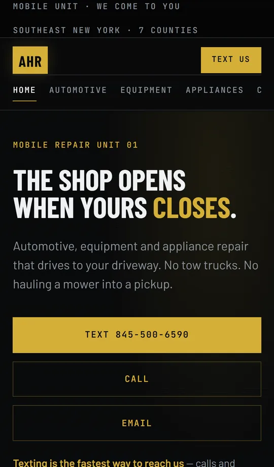 The same homepage on a phone, with text, call and email buttons stacked under the headline