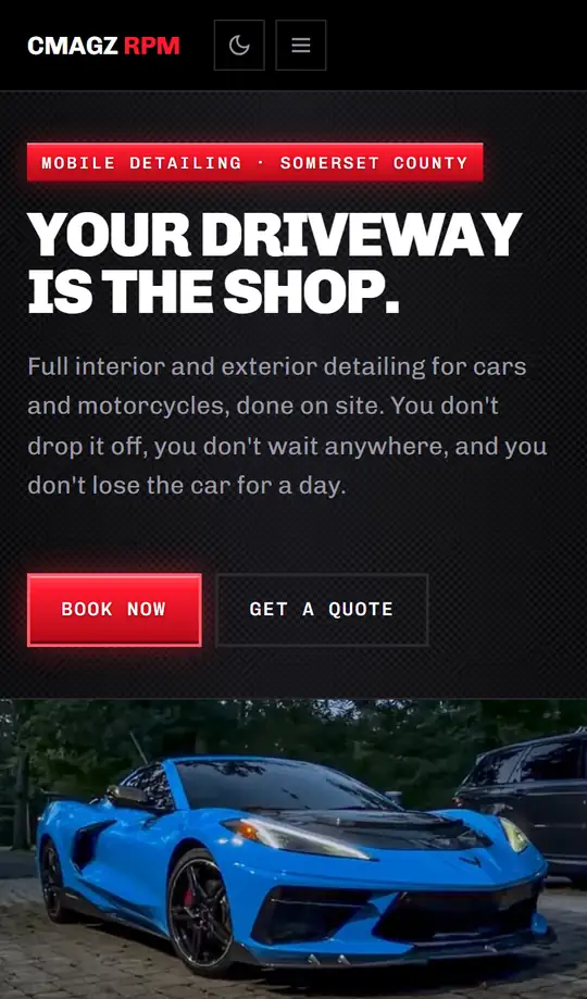 Cmagz RPM Detailing home page on a phone