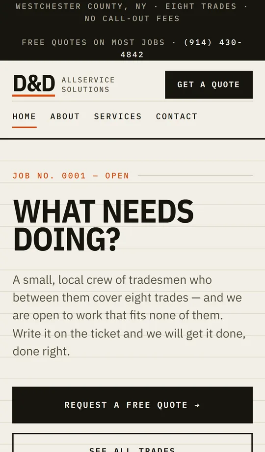 The same homepage on a phone, with the free quote button above the fold