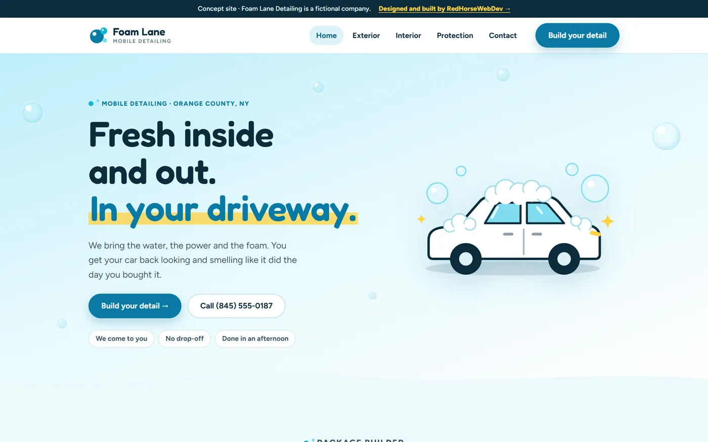 The Foam Lane Detailing concept homepage, in bright aqua with an illustrated SUV covered in foam