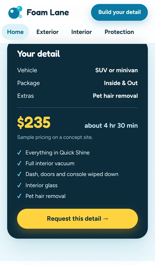 The package builder on a phone, showing a total of $235 for an SUV with interior and exterior detailing and pet hair removal