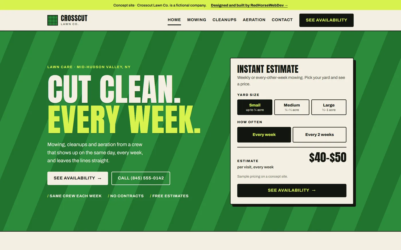 The Crosscut Lawn Co. concept homepage, with angled mow-stripe greens and an instant estimate for weekly mowing