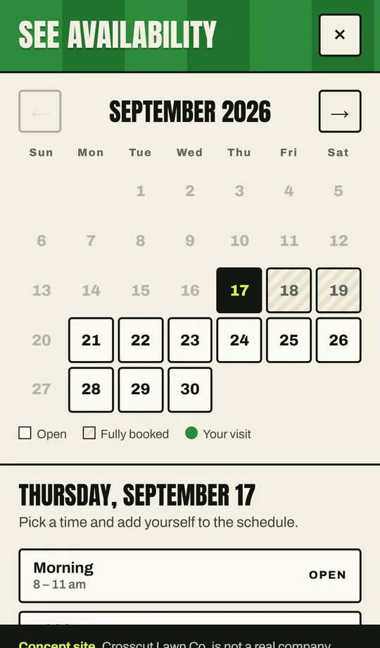 The availability calendar open on a phone, showing which days have open slots