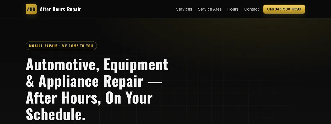 The After Hours Repair website, showing its mobile repair services and call buttons
