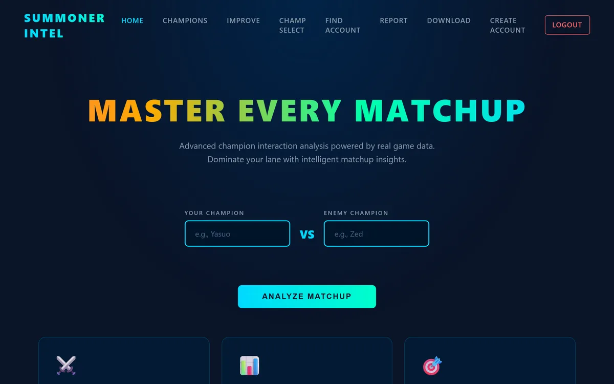 The Summoner Intel matchup analysis tool, with champion inputs and an analyse button