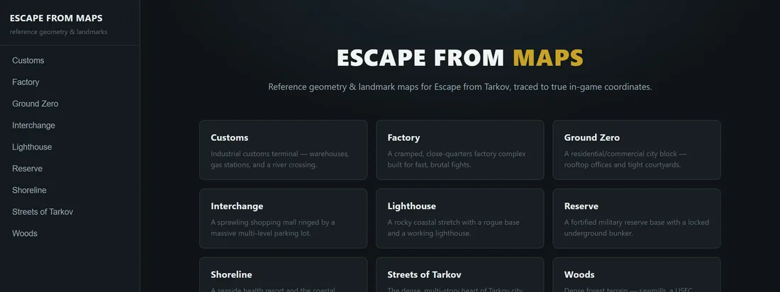 The Escape From Maps app, showing its map reference index